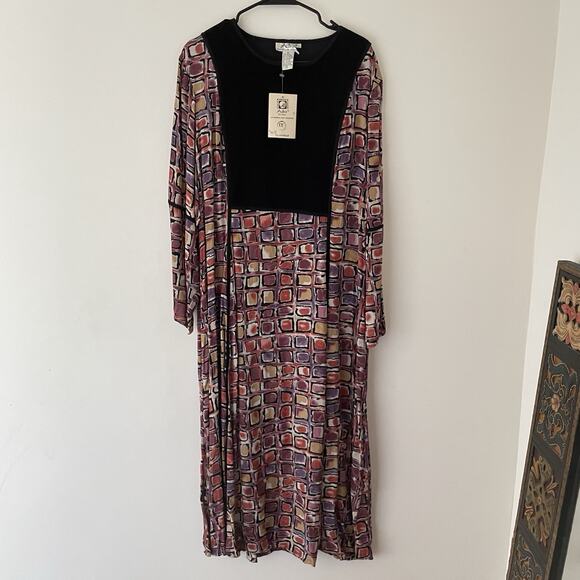 Vintage 90s Plus Size Velvet Patchwork Maxi Dress 1X Boho Artsy Geometric Grunge - Picture 1 of 8